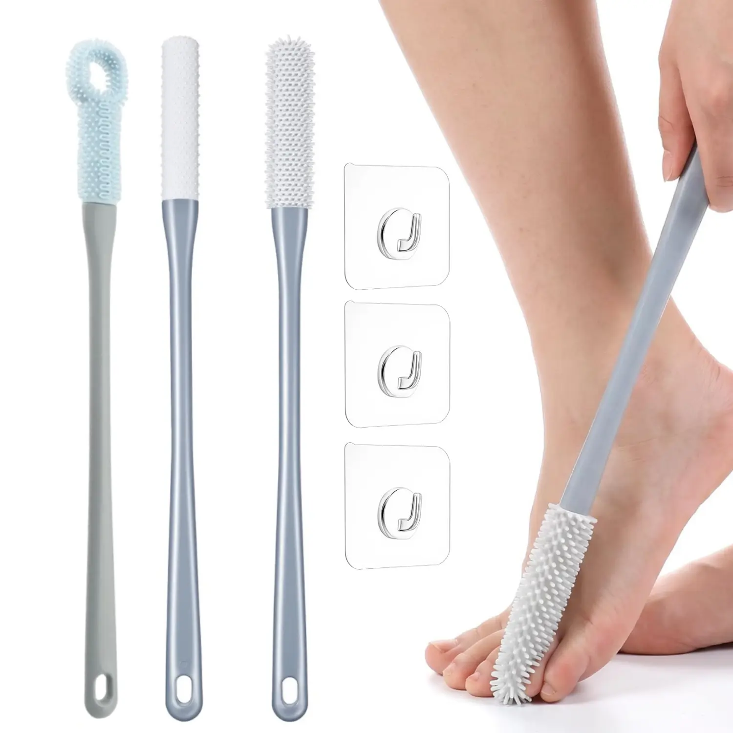 Unisex Silicone Foot Brush Toe Scrubber Set (3 Pieces) - Long Non-Slip Handle, Massage Bristles, 3 Hooks, Daily Bath Shower Pedicure Aid, Home Supplies Adult Gift