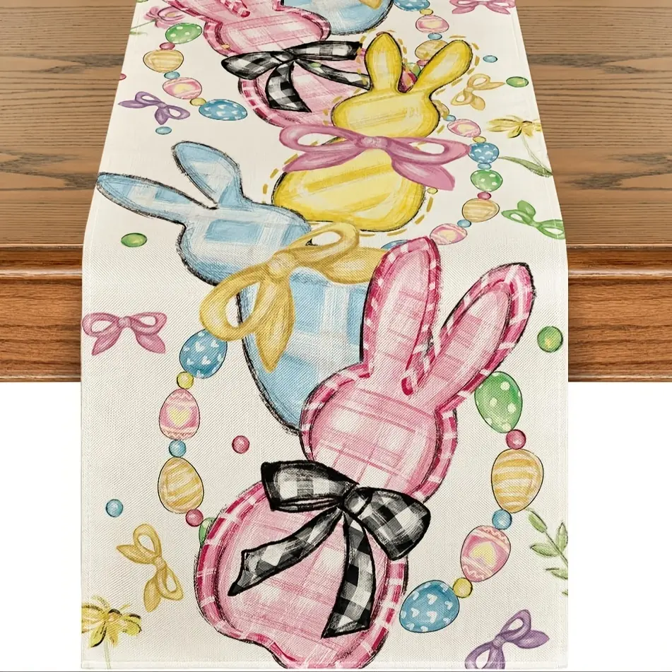 1pc Linen Easter Table Flag with Floral Bows & Bunny Eggs, Spring Kitchen Table Decor for Home Party