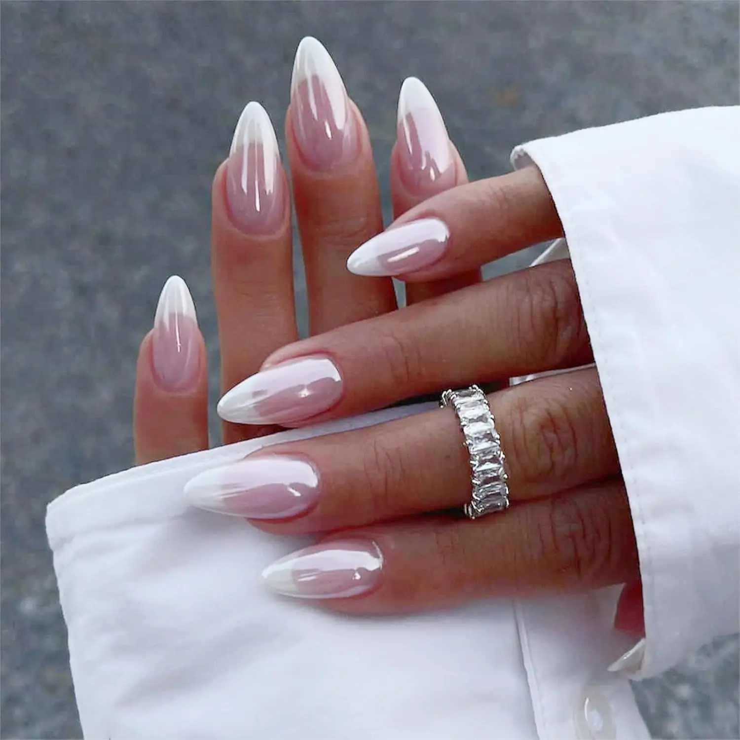 Almond Press On Nails 24PCS – French Tip & Chrome Design Fake Nails Set, Medium Length Stick On Nails for Women Nails Press Ons French Tips Nails