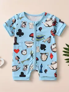 Baby Boy Cartoon Print Fun Print All over Printed Round Neck Short Sleeve Zipper Bodysuit Romper, Cute One-Piece for Infants
