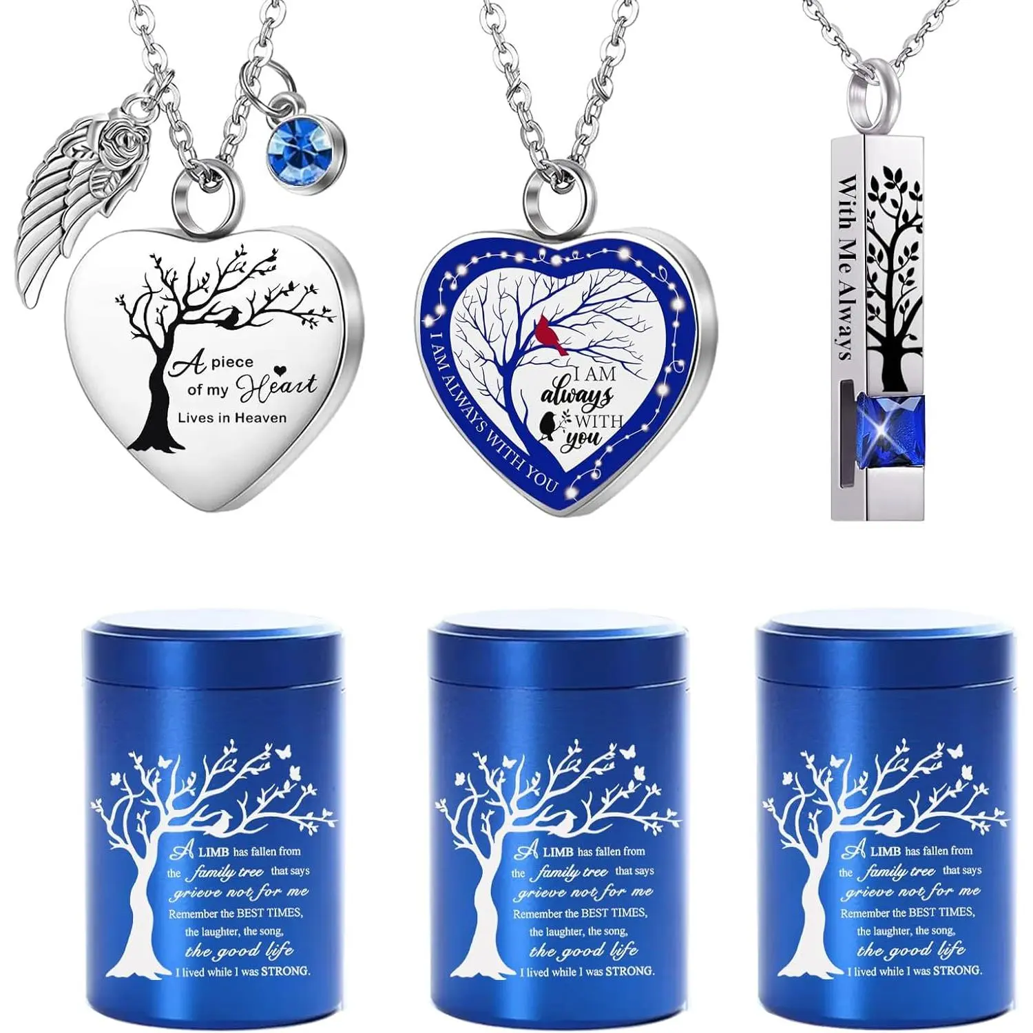 Keepsake Urns for Ashes, Set of 6 Tree of Life Aluminum Mini Urns and Stainless Steel Heart & Bar Memento Necklaces for Remembrance (Blue)