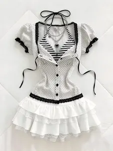 Women's Summer Polka Dot Bow Tie Waist Slim-Fitting Short Sleeve Shirt, Fashion Design Contrast Lace Patchwork Top Collared Top Blouse, Casual Chic Top