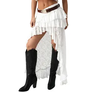 Women Flower Lace Skirt Elastic Waist High Low Layered Ruffle Skirt Casual Summer Streetwear Womenswear Bottom White Polyester