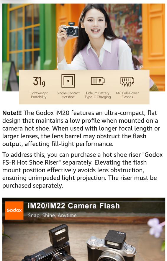GODOX iM20 Mini Flash for Camera w/Built-in Battery, Conpact & Portable GN10/470 mAh USB-C Charging & Universal Hot Shoe Compatible with Sony zve10,zv1,a7iii/Ricoh gr3,gr3x/Fujifilm f1, NOT for ZV-1F, Cable, Accessories