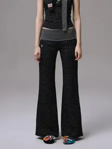 Women's Polka Dot Flare Pants Low Rise with Fold-Over Waistband – Y2K Streetwear, Black Grey