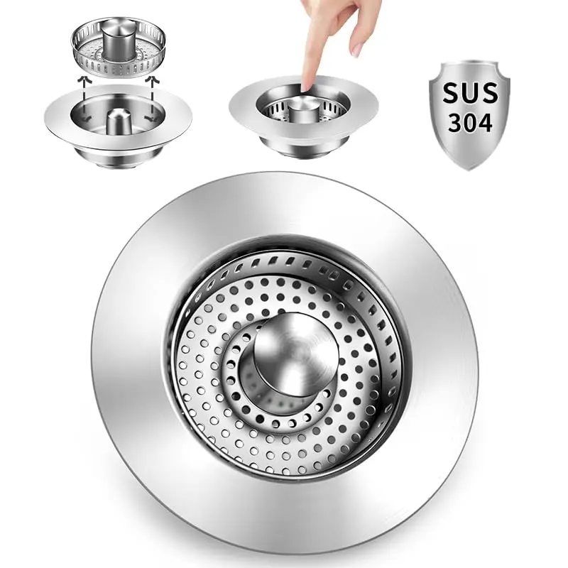 Woosie Removable 3-in-1 Stainless Steel Kitchen Sink Strainer Plug, Deodorizing Anti-Clog Basket, Compatible with US Standard 3-1/2 in Drains