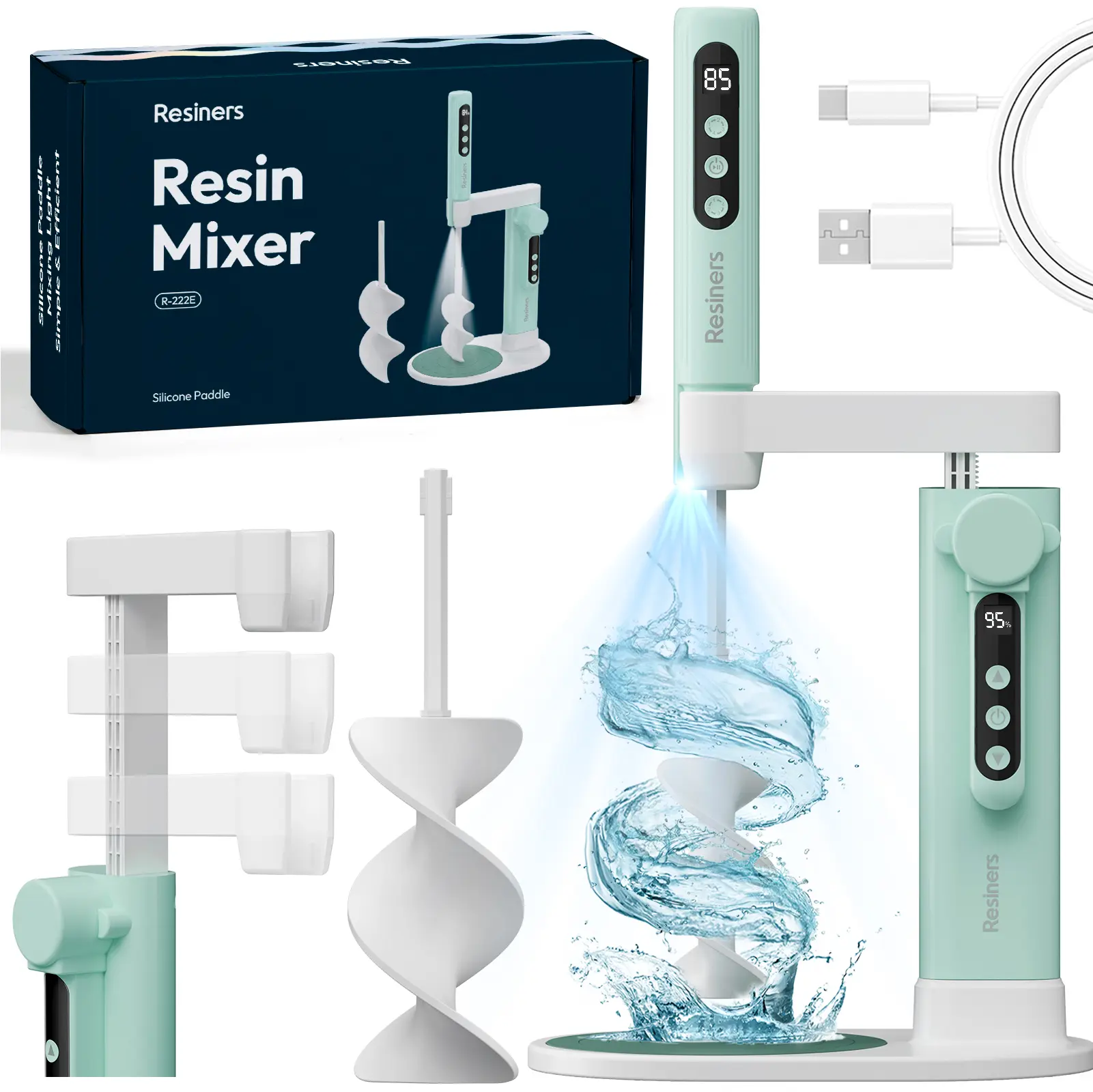 Resiners Resin Mixer, Epoxy Mixer with Electric Stand & Silicone Paddles & Lighting, Hands Free, LED Screen, Minimum Bubbles, Easy Clean, Epoxy Resin Mixer Tool for Molds Casting,Silicone,Paint Mixing