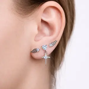 Cross & Angel Wing Ear Stud Set for Women, Blue Stone Cartilage Helix Lobe Earrings