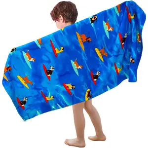 Super Soft Absorbent Microfiber Beach Towels Velour Throw Blanket 27.5"x55" for Kids Bath Camping Swimming Pool Sports, Puppy Surfing