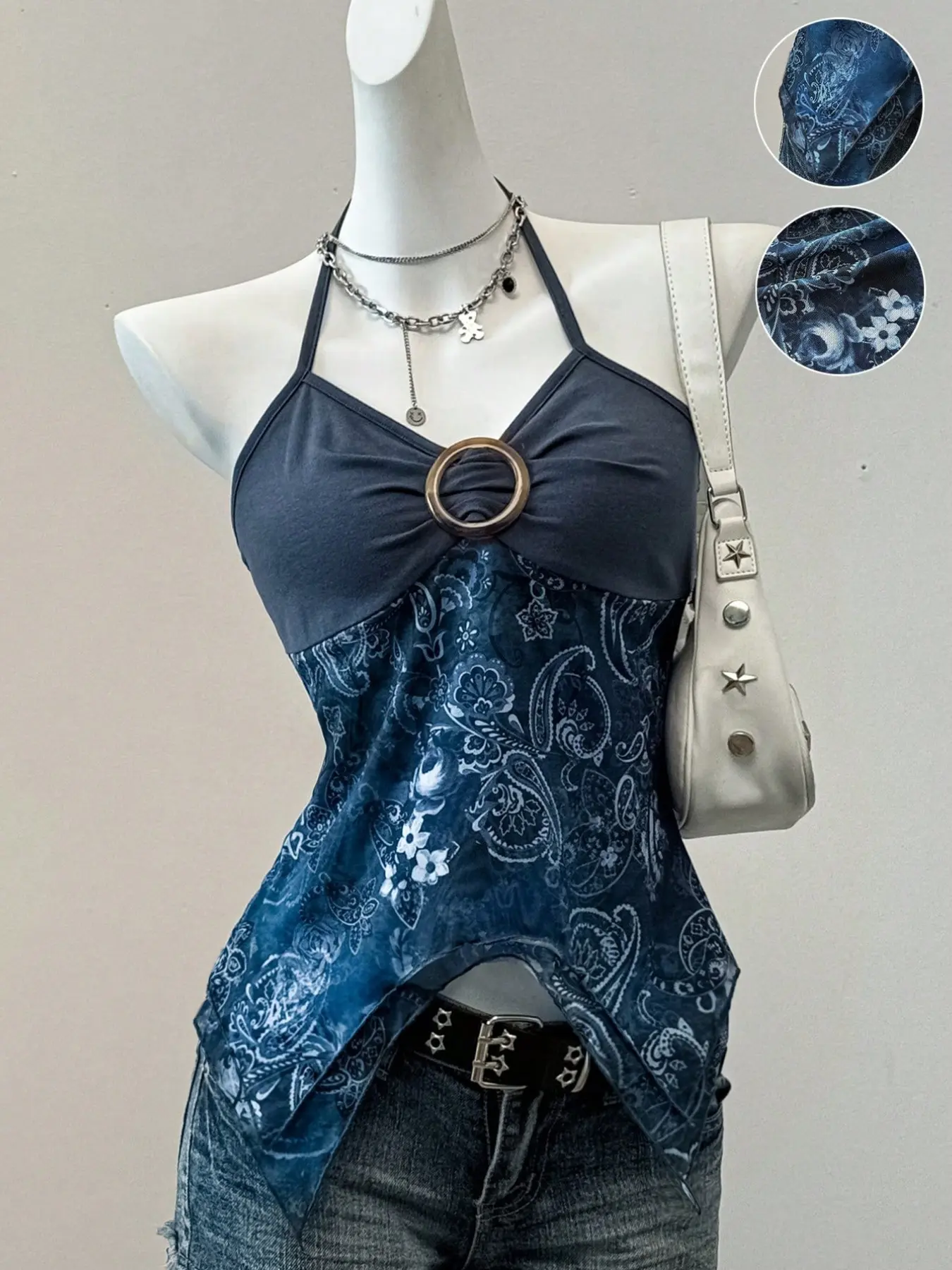 Y2K Women's Summer Halter Neck Off-Shoulder Casual Beach Tank Top, Asymmetrical Sleeveless Design Hem with Mesh Splicing, Sexy Paisley Printed Casual Chic Sleeveless Shirt for Vacation