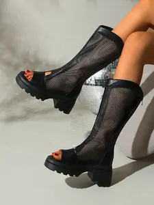 Summer Mesh Mid-Calf Boots for Women, Fish Mouth Thick Sole, Breathable Street Style, Elegant Nightclub Footwear, All Seasons