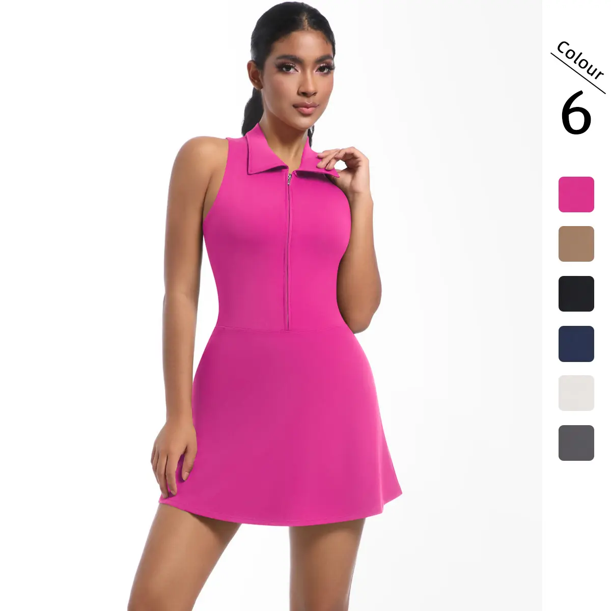 Women's Breathable Sleeveless Slim-Fit High-Waisted Turn-Down Collar Fitted Normal Type Sports Dress - Ideal for Running, Golf, Female, Slim-Fitting, Tennis, 6676 One-Piece Tennis Dress - Black