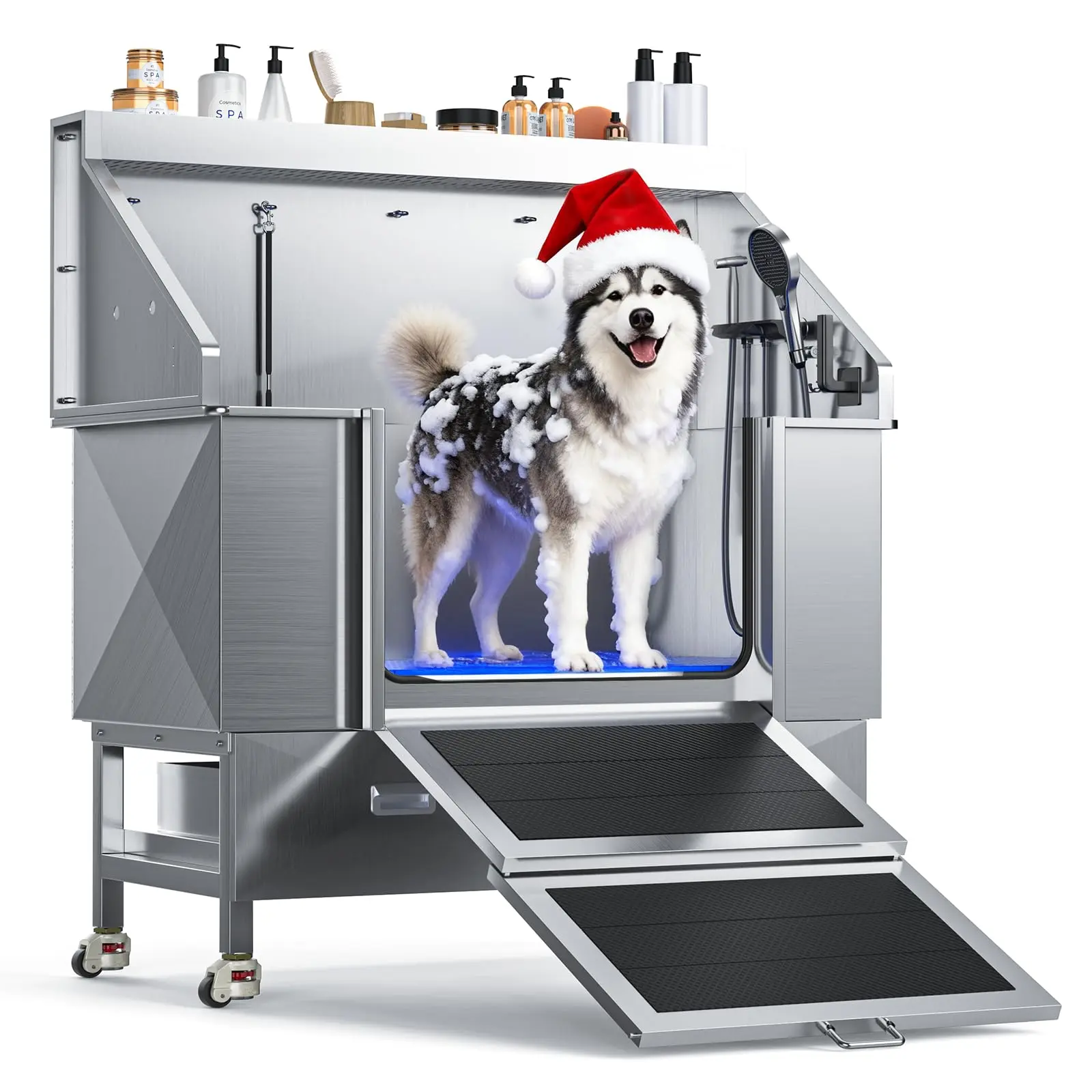 304 Stainless Steel Dog Washing Station - 61" Size, 27.4" Wide Ramp Entry, Water-Storing Design, Swivel Wheels, Pet-Proof Faucet, 2 Drawers, Bathtub for Medium & Large Dogs