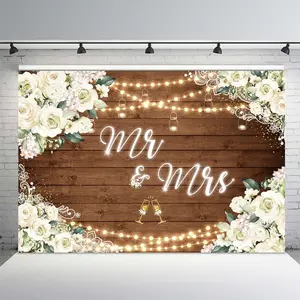 White Floral Wedding Backdrop Rustic Wooden Mr and Mrs Style Polyester Fabric Photography Background Wrinkle Resistant HD Print Bridal Shower Photo Booth