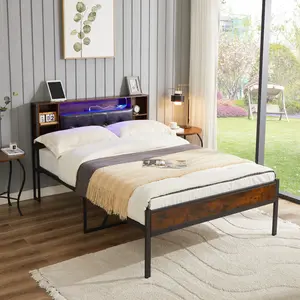 [Bellemave]Bed Frame with Storage Headboard/USB Charging Station,Metal Platform Bed Frame Full Size No Box Spring Needed,Noise-Free,Strong Steel Slats Support,Rustic Brown