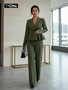 French Elegance Ruffle Blazer Two-Piece Suit Set, Slim Fit Fitted Blazer Jacket + Wide Leg Pants, Spring Office Commute Ensemble Workwear, Women's Fashion, Ruffled Style