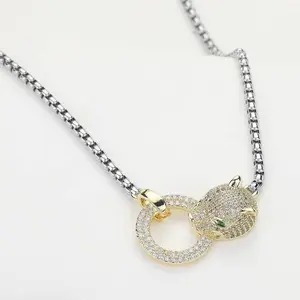 Elegant Leopard Panther Head Pendant Necklace 14K Gold Plated with CZ Stones 16" Chain Casual Jewelry for Youth