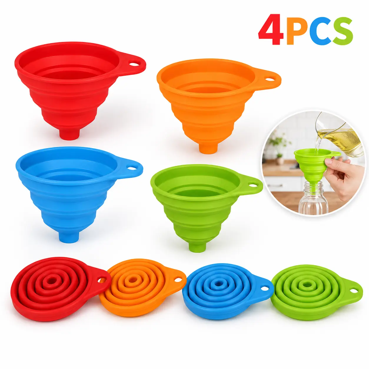 4PCS Foldable Silicone Funnel, Collapsible Kitchen Funnel for Easy Bottle Filling, Reusable Space Saving Food Grade Silicone Transfer Tool