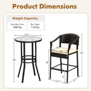 COSTWAY - 3-Piece Patio Rattan Bar Set with Tempered Glass Top for Backyard Poolside-Brown