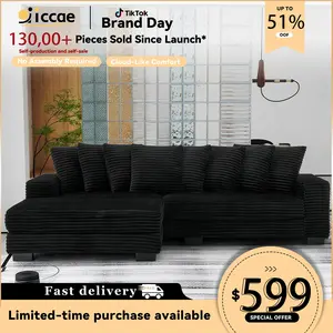 【3 Packages Shipping】 Niccae 111.63'' Oversized L-Shaped Corduroy Sofa (L/R Chaise + 8 Pillows + Adjustable Ottoman) – Easy Assembly, Cloud-Like Living Room Comfort