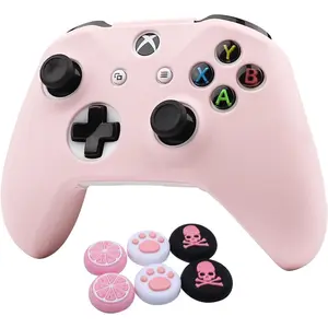 Pink skins Ralan, silicone controller cover skin protector compatible for Xbox One S/X controller (pink pro thumb grip x 2,Cat + skull cap & cover grip x 2)