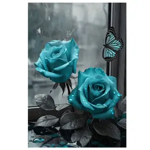 Frame not included Rose & Turquoise Blue Floral Canvas Art - Frameless Wall Decor with Vibrant Roses, Butterfly, and Black Leaves, Perfect for Living Room, Bedroom, or Bathroom, Bedroom Decor | Artistic Wall Decor |Detailed Imagery,Aesthetic Room Decor