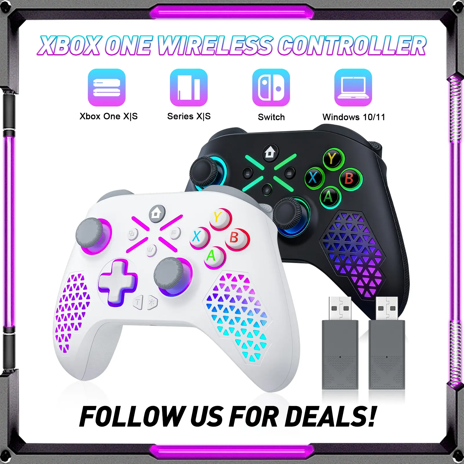 Xbox One Wireless WIFI Controller RH-1025 for Xbox One/Series X|S Windows 10/11 with 2.4GHZ Game Joystick Hybrid D-Pad RGB Lighting Turbo Function 3.5mm Audio