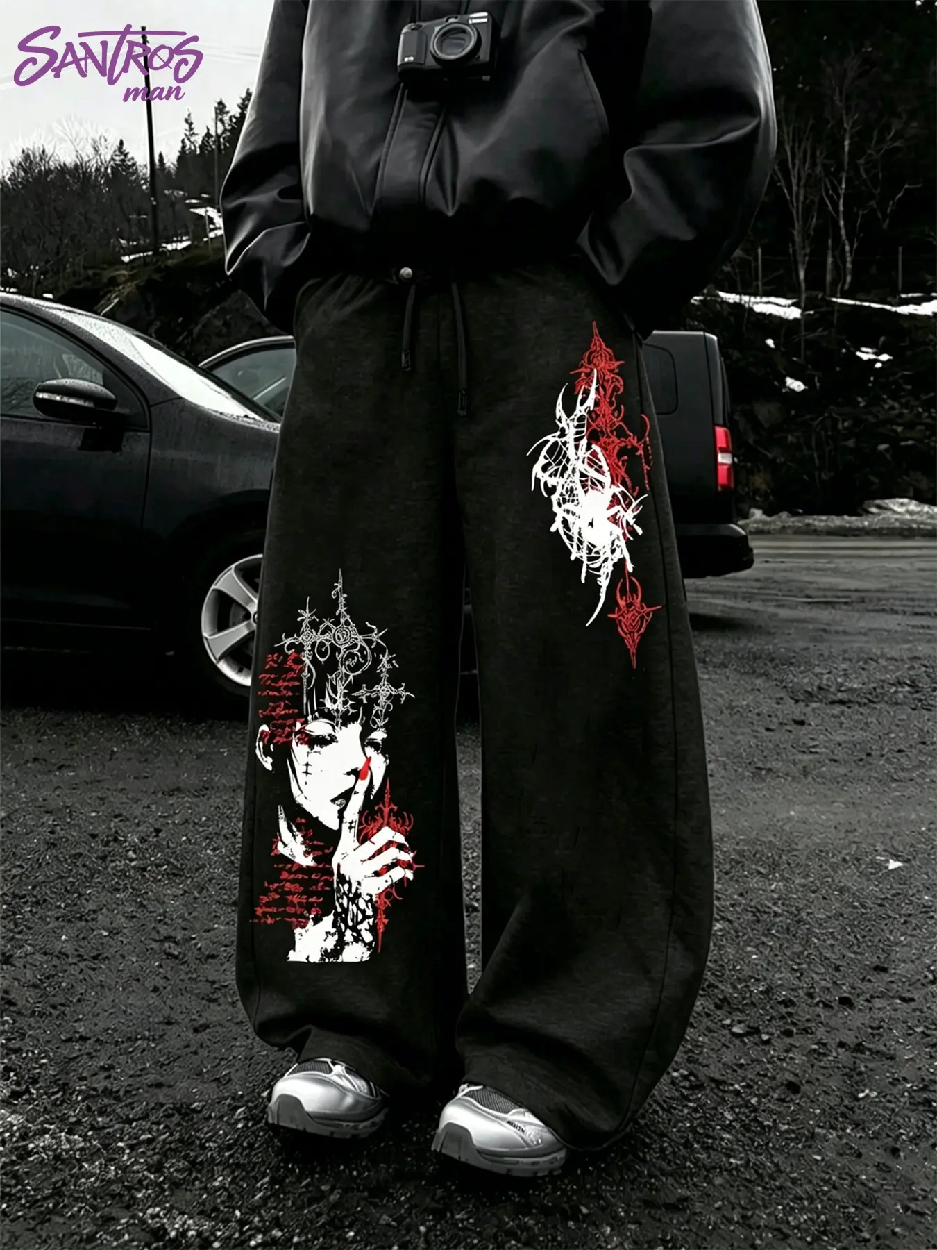 Unisex Black & Grey Wide Leg Sweatpants with Dark Alt Figure & Spider Print Streetwear Pants Casual Streetwear Pants