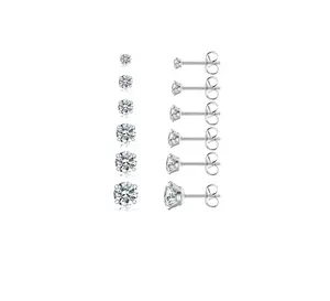 6 Pairs Stud Earrings Set  Hypoallergenic CZ Stainless Steel Earrings | 316L Cubic Zirconia Studs 3–8mm for Women & Men, Everyday Minimal Jewelry (Steel Color)