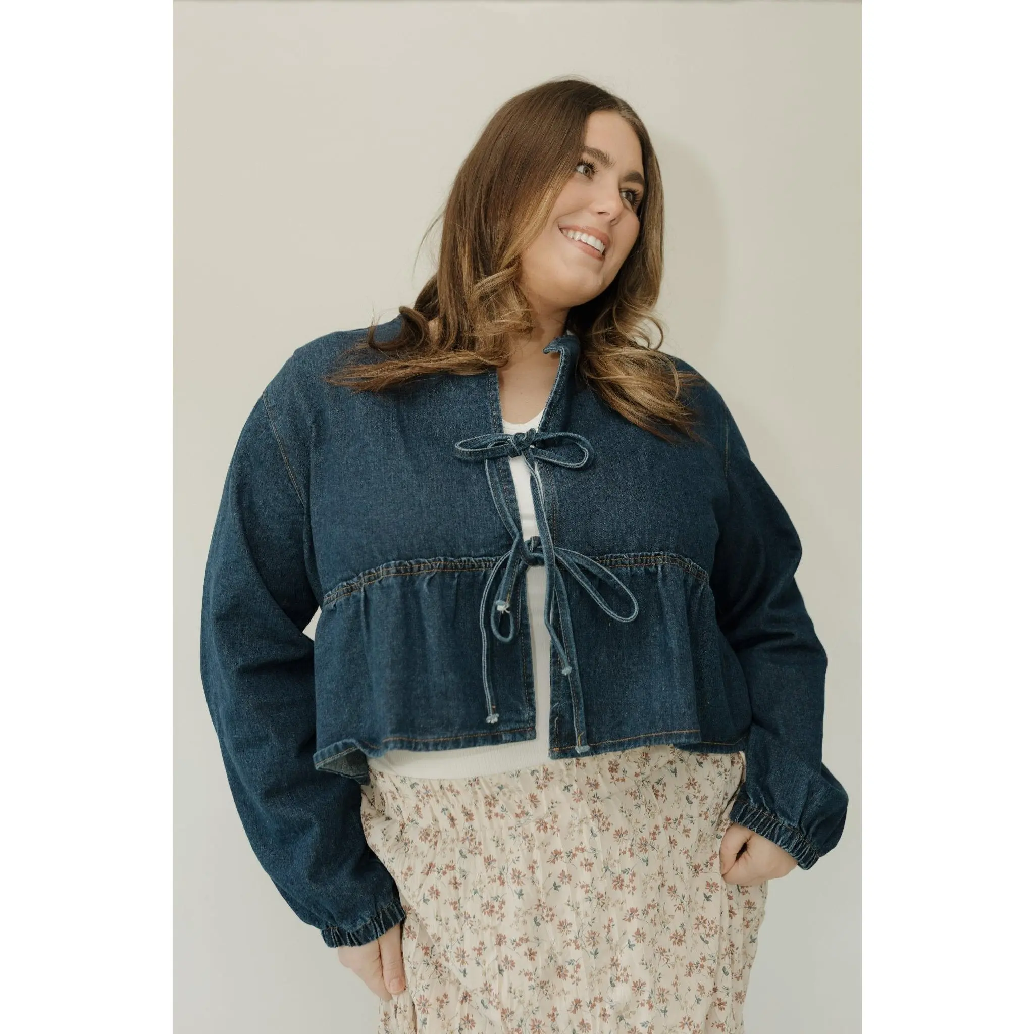 Women's Cropped Tie-Front Peplum Blouse - Breathable Cotton with a Modern Trend Twist, Oversized Long Blouson Sleeves, Feminine, Fabric, Shirts, Adjustable, Fit, 100% Cotton