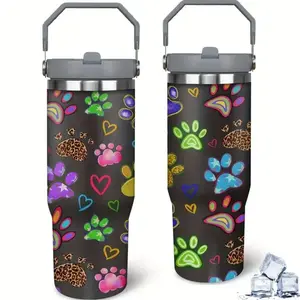 30oz Insulated Stainless Steel Travel Mug with Dog Paw Print Design - Leak-Proof Lid, Non-Slip Bottom, Wide Mouth, Reusable Tumbler for Hot and Cold Beverages, Ideal for On-the-Go Drinkware