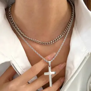 2 Pcs Cross Necklace Chain for Men and Women, Layered Mens Cross Necklaces Stainless Steel Pendant Cuban Link Rope Chain 18-24 Inch