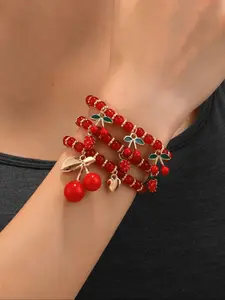 Bohemian Style Beaded Cherry Pendant Bracelet Set, Elegant Design, Elastic Rope Chain, Women's Jewelry Gift, 3 Piece Set, Layered Bracelet Set, Boho Style Bracelet, Stretchy Bracelets