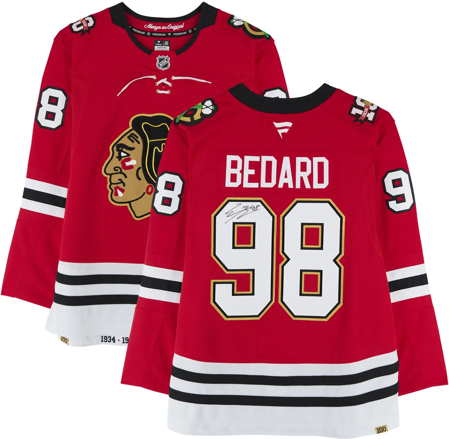 Connor Bedard Chicago Blackhawks Autographed 2025 Red Centennial Season Fanatics Premium Jersey - Fanatics Authentic Certified