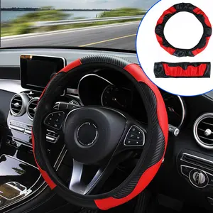 Car Steering Wheel Cover (Carbon Fiber Sport Style, Stretch Fit without Inner Ring): Red
