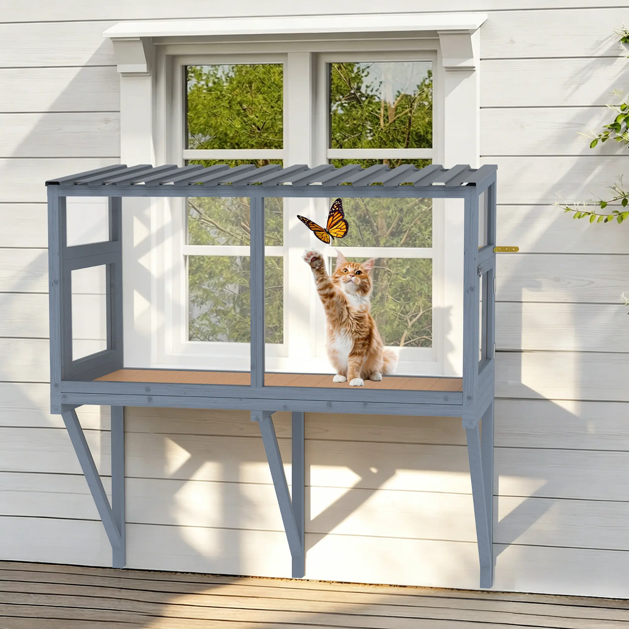 Cat Window Box, Outdoor Cat Enclosure Catio with Waterproof PVC Roof & Clear Viewing Panel, Outside Cage for Cats Perch Balcony
