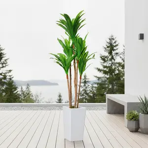 5FT Artificial Dracaena Tree, realistic faux indoor plant with natural wood trunk and modern white planter. Maintenance-free decorative greenery, perfect for home, office, living room and entryway decor.
