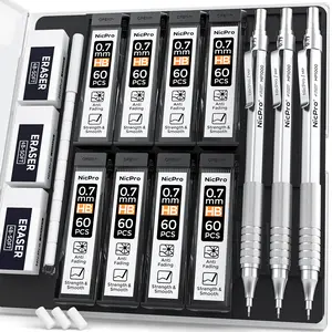 Nicpro 0.7 Metal Mechanical Pencil Set with Case, 3Pack MP1000 0.7mm Artist Lead Pencil With 8 Tube HB Refills, 3 Erasers, 9 Eraser Refill For Architect Art Drafting Drawing Engineering, Sketching