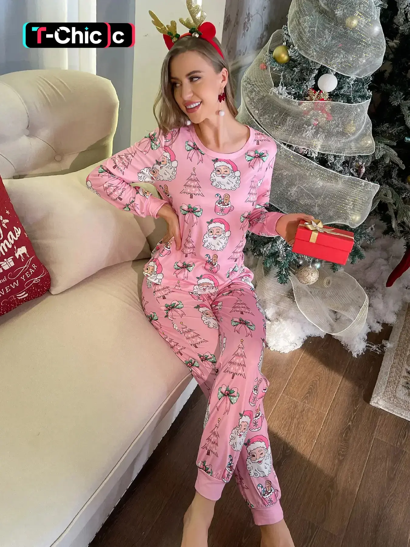 2-piece women's full-body gingerbread man teacup bow Christmas tree print Christmas long-sleeve pants soft and comfortable round-neck top elastic waistband adjustable drawstring suitable for all seasons, Soft Casual Pajamas, Pajama Set