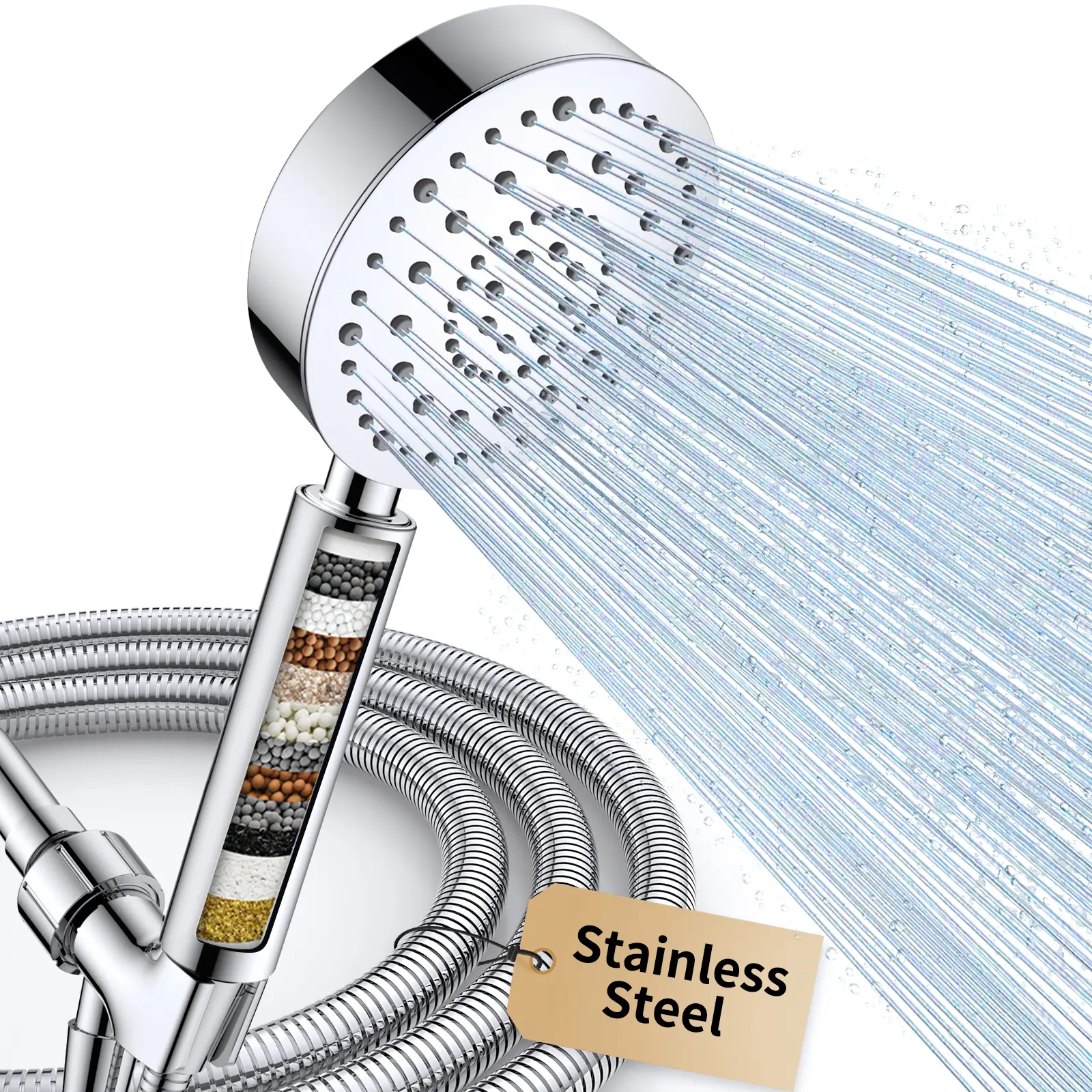 Stainless Steel Handheld Rainfall Showerhead Combo, 6 Spray Modes, Powerful Shower Spray, Chlorine Removal, Dry Skin Reduction, 72" Adjustable Kink-Free Hose, Brass Holder, Anti-Clog, Faucet-Mounted Design