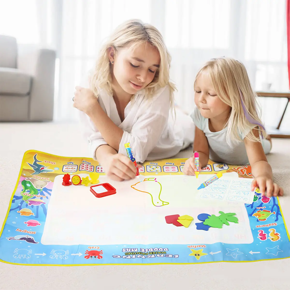 39"x27" Water Doodle Mat Set - Reusable Doodle Boards, Magic Pens Included - Eco-Friendly Unisex Educational Arts & Crafts Toy Gift for 2-7 Year Old Toddlers