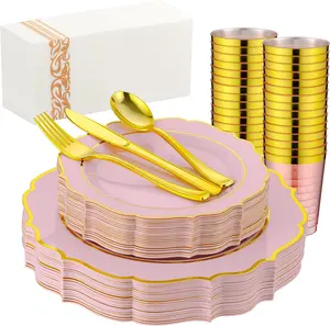 175 count Pink Plastic Plates for 25 Guests, Pink and  Disposable Dinnerware Set for Party Wedding Include 25 Dinner & 25 Dessert Plates, Spoons, Forks, , Cups, 25 Napkins