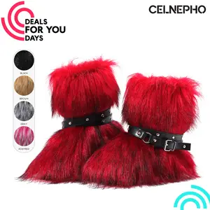 CELNEPHO Faux Fur Mid Calf Fluffy Furry Boots Fashion Belt Buckle Warm Cozy Snow Boots Metal Chain Round Toe Plush Boot Flat Heel Party Outdoor Dress Shoes Deals For You Days