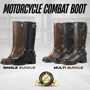 CELNEPHO Motorcycle Combat Boots Round Toe Chunky Block Vintage Heel Metal Buckle Design Pull on Rocky Boots Gift Party Riding Spring Valentine Fashion Dress Shoes