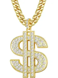 Hip Hop Pendant Cuban Link Chain Necklace for Men 18K Gold Plated Money Dollar Sign Necklace Money Bag Pendant Cuban Style Chain