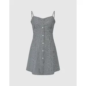 URBAN REVIVO Women's Elegant Spaghetti-Strap Cami Dress - Viscose-Polyester-Cotton-Yarn Fabric, A-Line Checked Lined Casual Dress, 2026 Viral Floral-Plaid Thin Elastic Sleeveless for Casual Wear