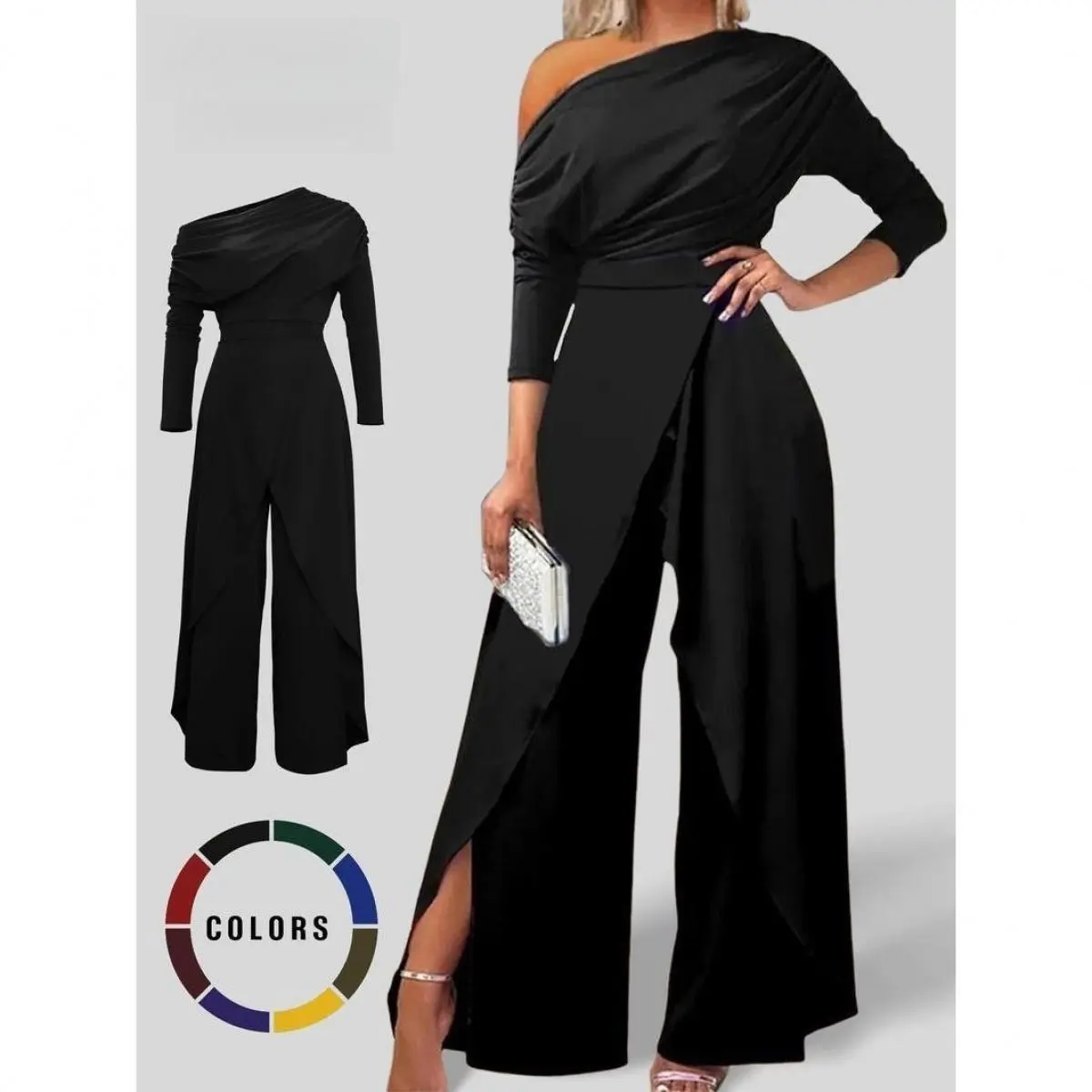Women's Cotton Plain Ruched Wrap Wide-Leg Split Hem Jumpsuit - Minimalist Basic Elegant Piece for Dating, Daily Wear - All-Season Womenswear with Accessories Compatibility