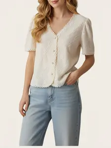 Women's Plain Short Sleeve Button Blouse, Casual Basic Top for Daily Wear, Ladies Clothes for All Seasons