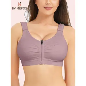 Wireless Full Coverage Women’s Post-Surgery Compression Bra with Front Zipper – Adjustable Straps, 84% Cotton 16% Spandex, Beige, Ideal for Daily Wear, Yoga & Exercise