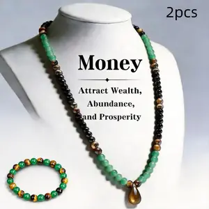 2pcs Money Attraction Necklace&Bracelets for Men Women Green Jade Bracelet Feng Shui Wealth & Luck Necklace Crystal Protection Bracelet Tiger Eye Jewelry Spiritual Gifts
